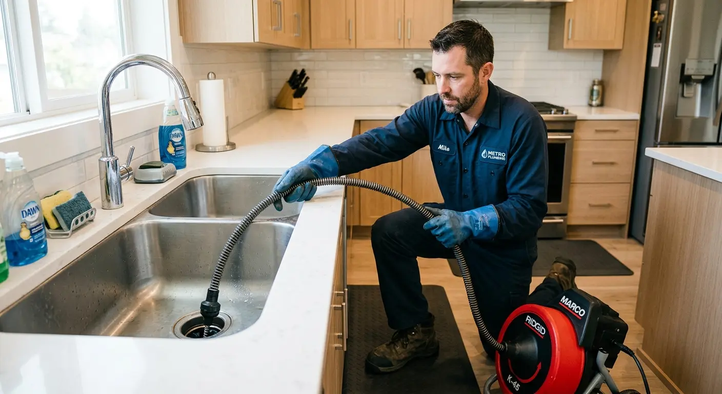 Drain cleaning technician using a motorized snake on a kitchen sink in Queen Creek
