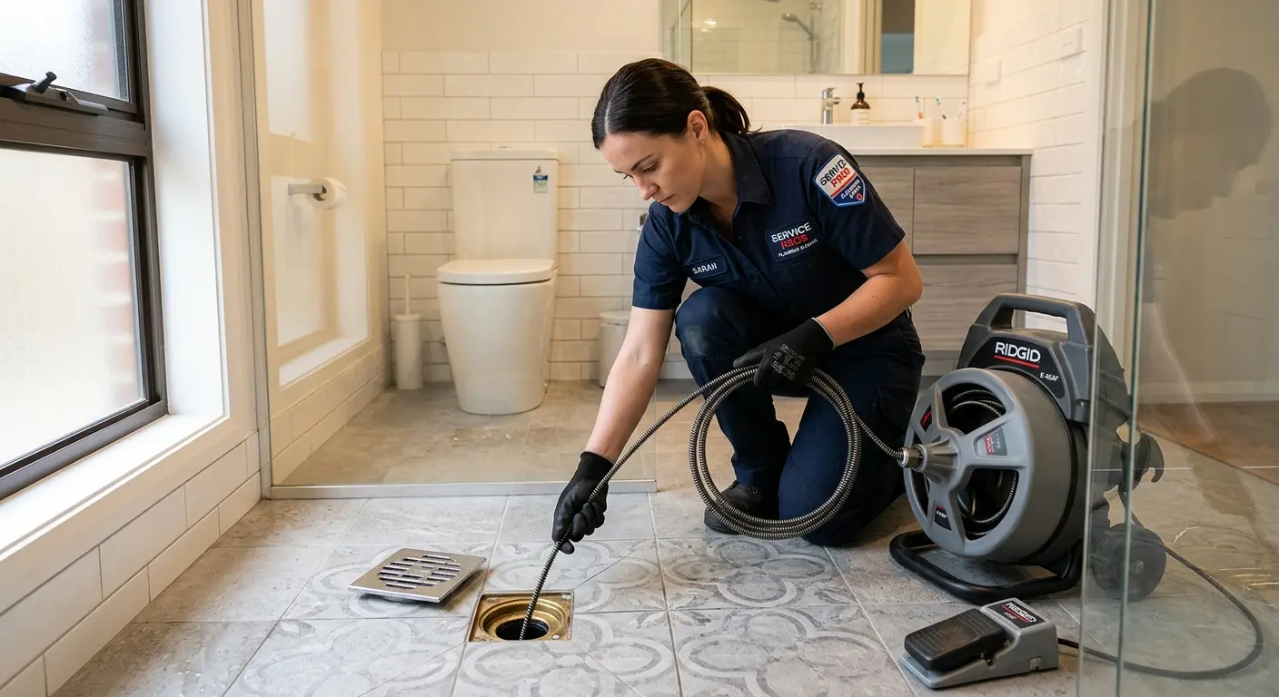 Technician clearing a bathroom floor drain for Sewer Line Replacement in Queen Creek